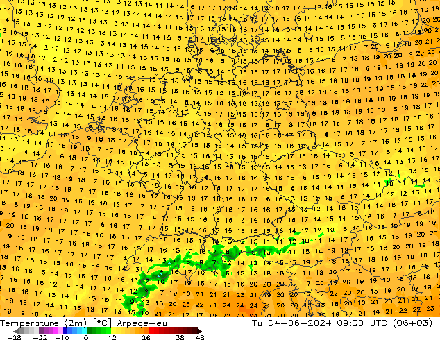 Temperatuurkaart (2m) Arpege-eu di 04.06.2024 09 UTC
