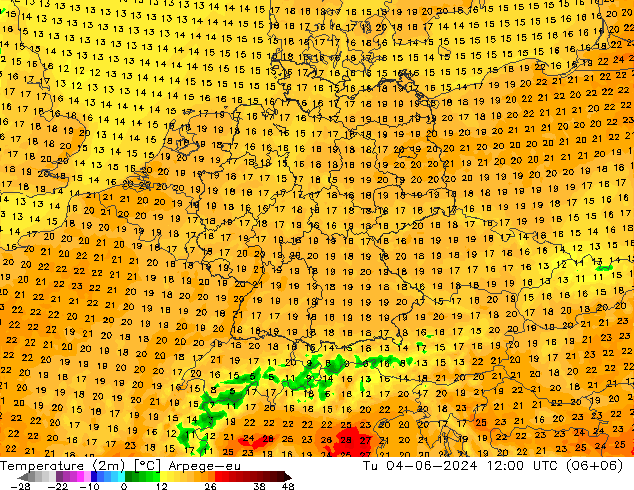Temperatuurkaart (2m) Arpege-eu di 04.06.2024 12 UTC