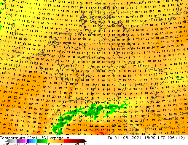 Temperaturkarte (2m) Arpege-eu Di 04.06.2024 18 UTC