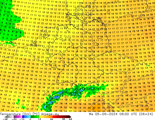 mapa temperatury (2m) Arpege-eu śro. 05.06.2024 06 UTC