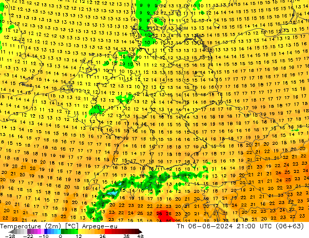 Temperatura (2m) Arpege-eu Qui 06.06.2024 21 UTC