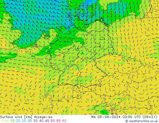 Vent 10 m Arpege-eu mer 05.06.2024 03 UTC