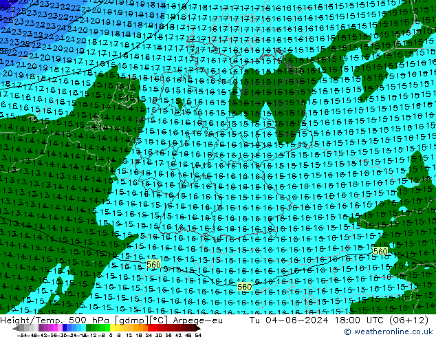 Hoogte/Temp. 500 hPa Arpege-eu di 04.06.2024 18 UTC