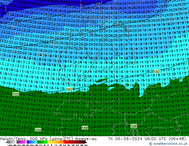 Height/Temp. 500 hPa Arpege-eu czw. 06.06.2024 06 UTC