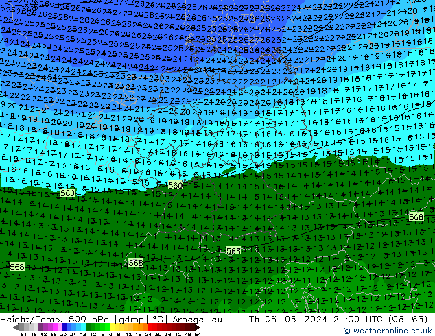 Geop./Temp. 500 hPa Arpege-eu jue 06.06.2024 21 UTC