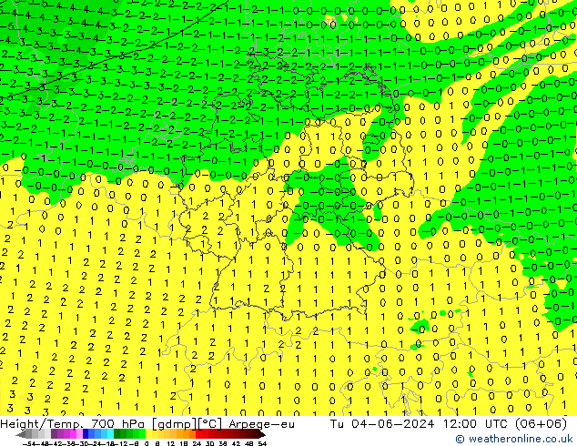 Géop./Temp. 700 hPa Arpege-eu mar 04.06.2024 12 UTC