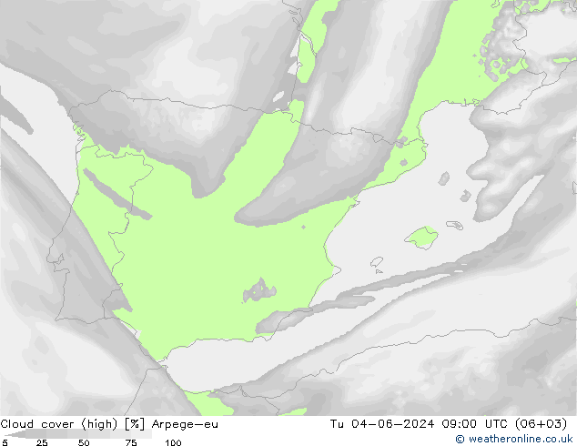 Cloud cover (high) Arpege-eu Tu 04.06.2024 09 UTC