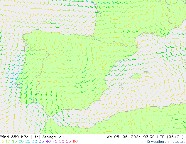 Vento 850 hPa Arpege-eu Qua 05.06.2024 03 UTC