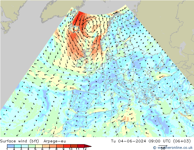 Surface wind (bft) Arpege-eu Tu 04.06.2024 09 UTC