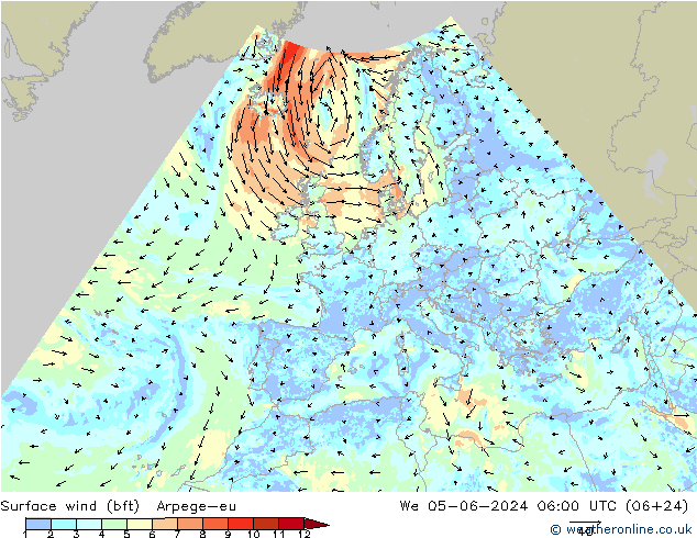 Surface wind (bft) Arpege-eu St 05.06.2024 06 UTC