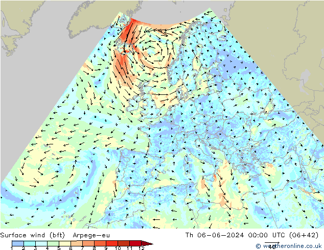 Surface wind (bft) Arpege-eu Th 06.06.2024 00 UTC