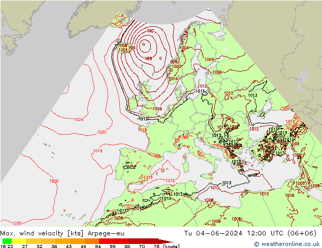 Max. wind velocity Arpege-eu  04.06.2024 12 UTC