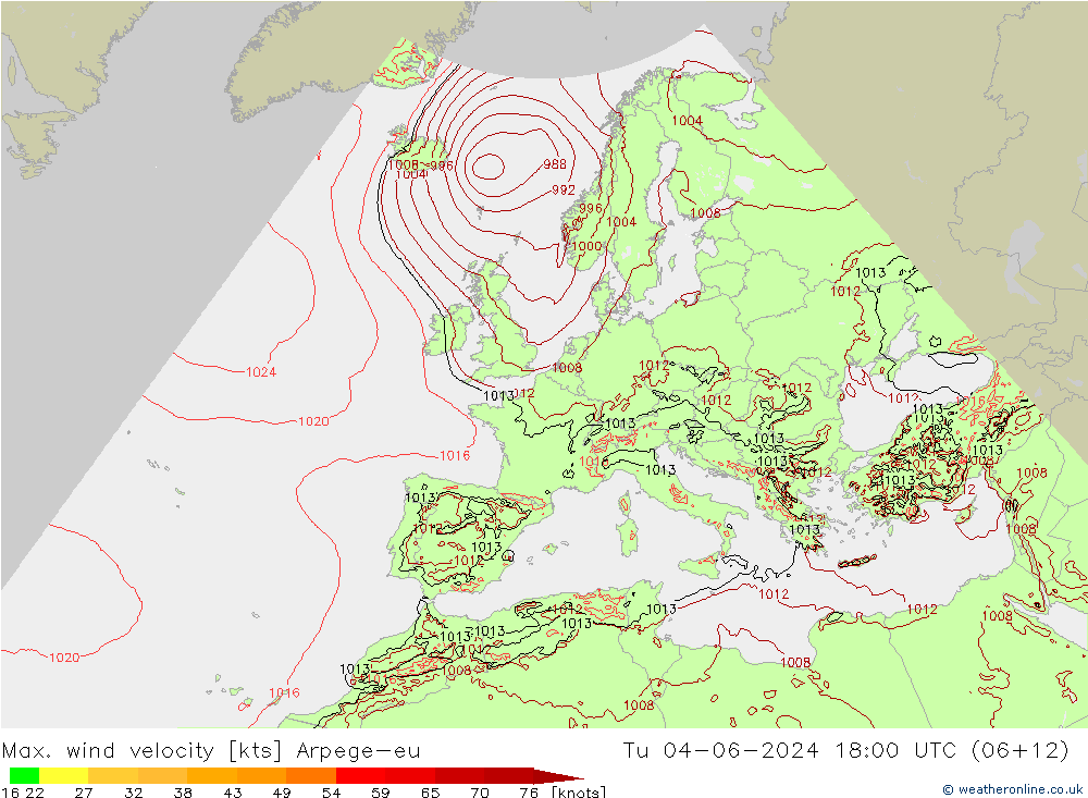 Max. wind velocity Arpege-eu Tu 04.06.2024 18 UTC