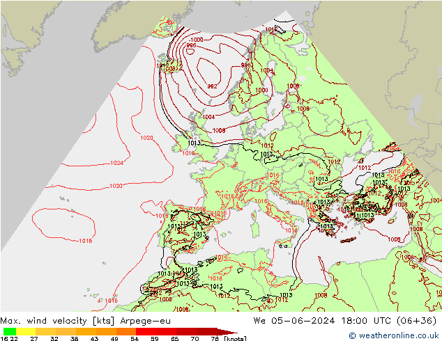 Max. wind velocity Arpege-eu  05.06.2024 18 UTC