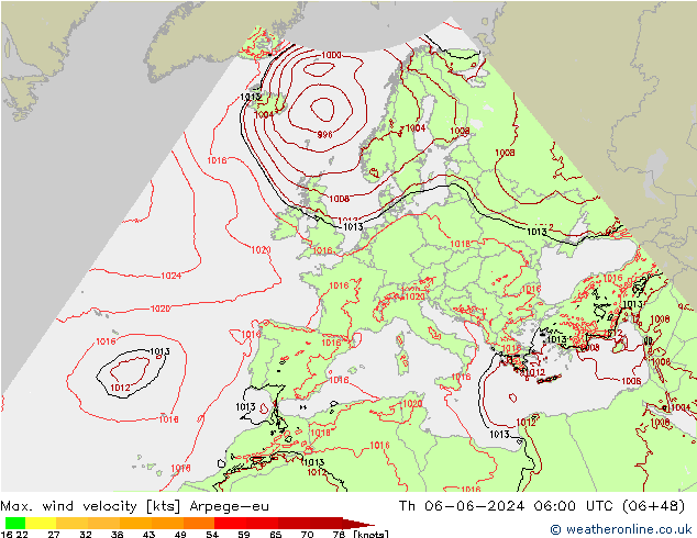 Max. wind velocity Arpege-eu Th 06.06.2024 06 UTC