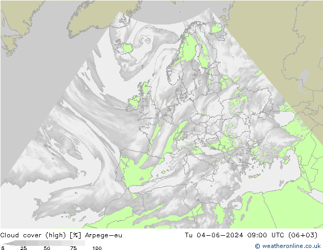 Cloud cover (high) Arpege-eu Tu 04.06.2024 09 UTC