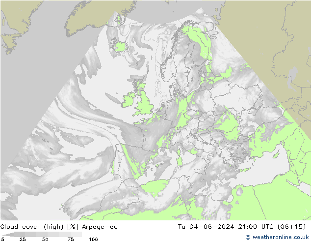 Cloud cover (high) Arpege-eu Tu 04.06.2024 21 UTC