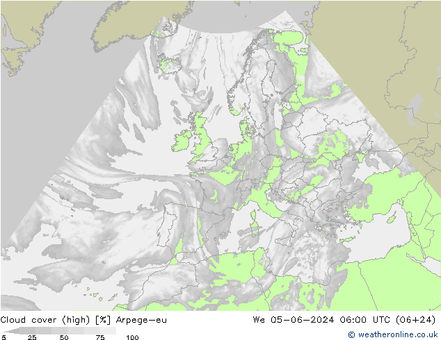 Cloud cover (high) Arpege-eu We 05.06.2024 06 UTC