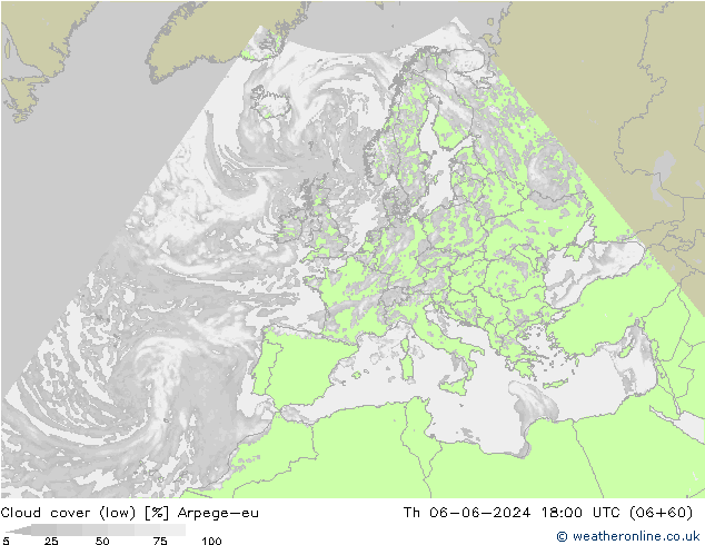 Cloud cover (low) Arpege-eu Th 06.06.2024 18 UTC