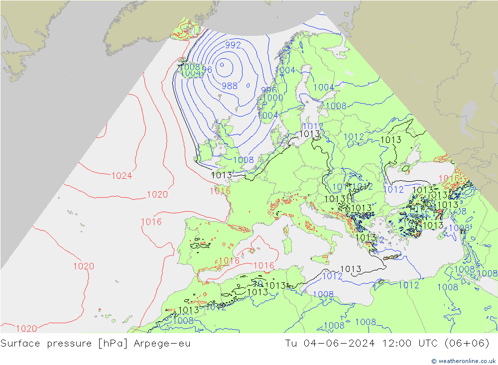 Presión superficial Arpege-eu mar 04.06.2024 12 UTC