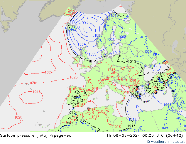 Presión superficial Arpege-eu jue 06.06.2024 00 UTC