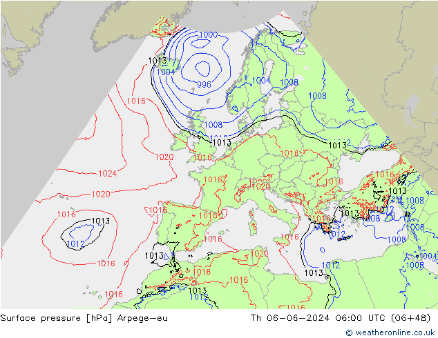 Surface pressure Arpege-eu Th 06.06.2024 06 UTC