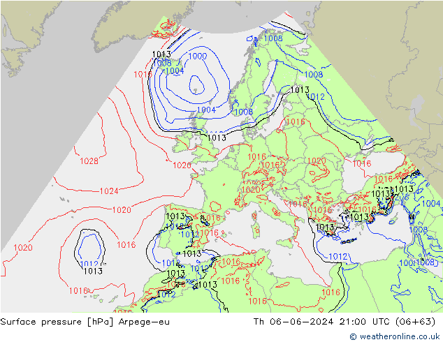 Pressione al suolo Arpege-eu gio 06.06.2024 21 UTC