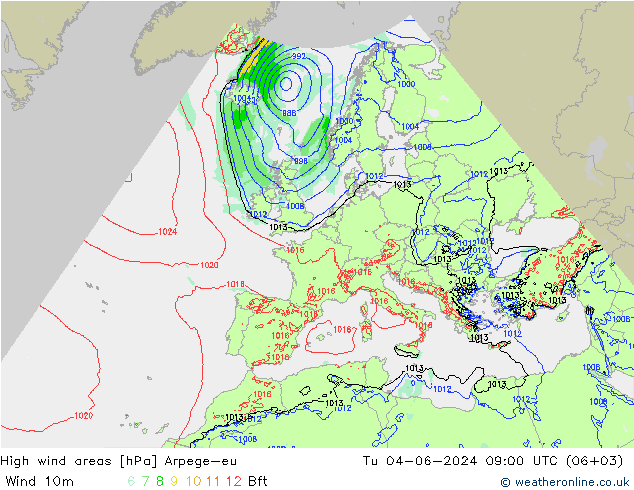 High wind areas Arpege-eu Tu 04.06.2024 09 UTC