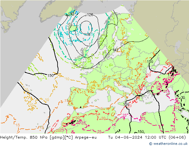 Height/Temp. 850 hPa Arpege-eu Tu 04.06.2024 12 UTC