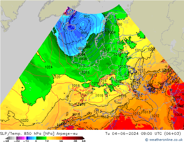 SLP/Temp. 850 hPa Arpege-eu wto. 04.06.2024 09 UTC