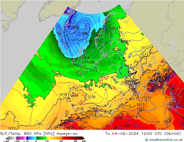 SLP/Temp. 850 hPa Arpege-eu wto. 04.06.2024 12 UTC