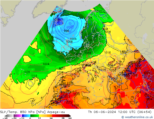 SLP/Temp. 850 hPa Arpege-eu Do 06.06.2024 12 UTC