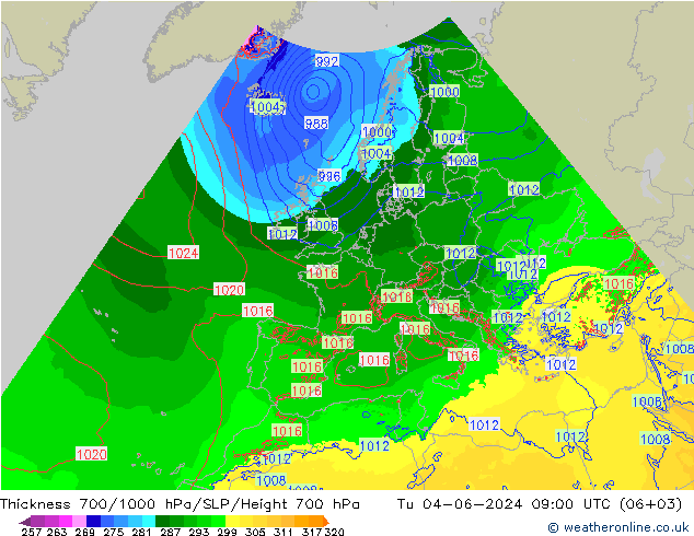 Thck 700-1000 hPa Arpege-eu Tu 04.06.2024 09 UTC