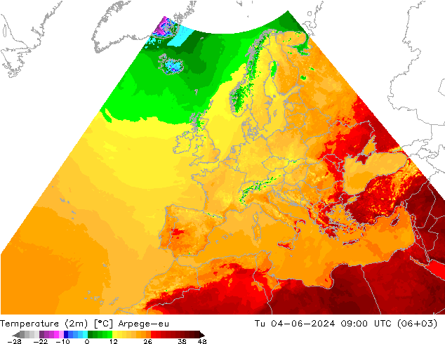 Temperaturkarte (2m) Arpege-eu Di 04.06.2024 09 UTC