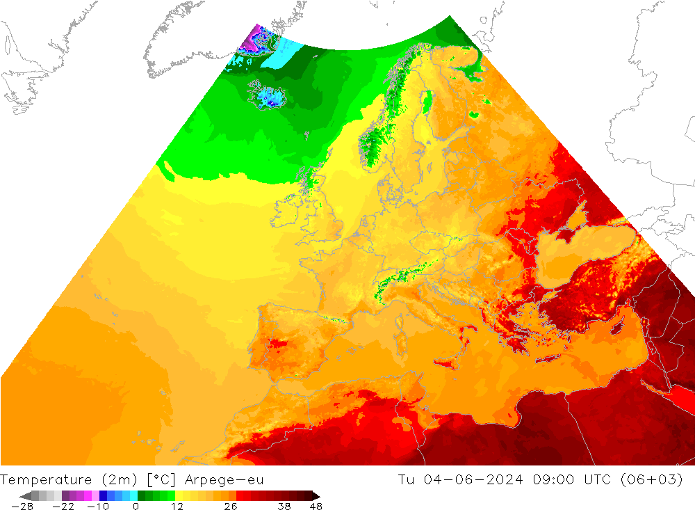 mapa temperatury (2m) Arpege-eu wto. 04.06.2024 09 UTC