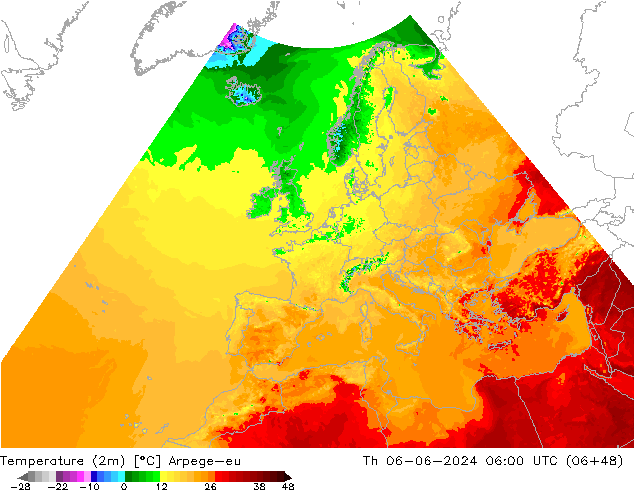 Temperaturkarte (2m) Arpege-eu Do 06.06.2024 06 UTC
