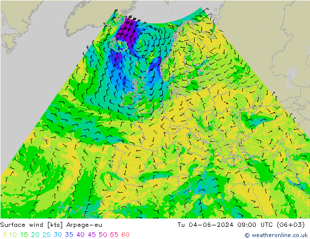 Surface wind Arpege-eu Tu 04.06.2024 09 UTC