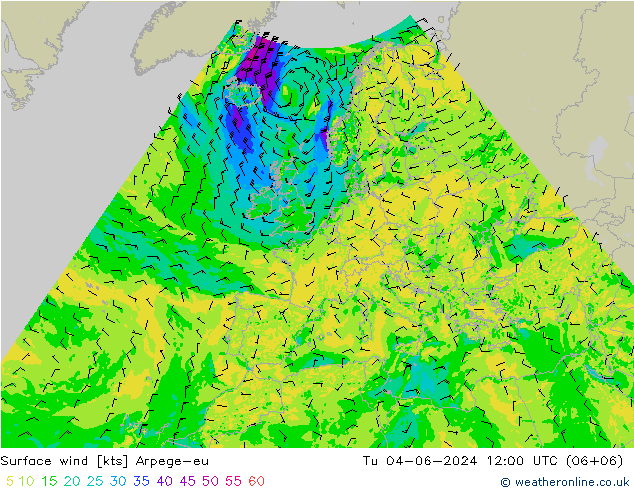 Surface wind Arpege-eu Tu 04.06.2024 12 UTC