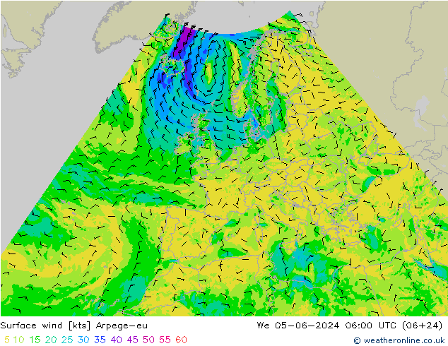 wiatr 10 m Arpege-eu śro. 05.06.2024 06 UTC