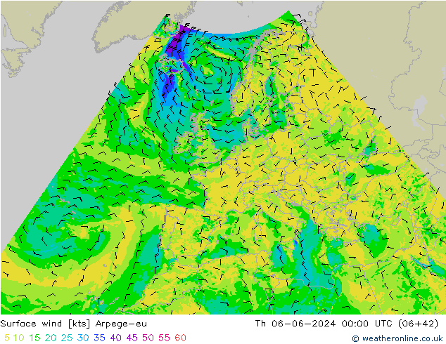 Surface wind Arpege-eu Čt 06.06.2024 00 UTC