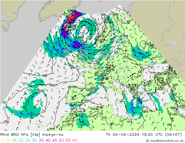 Wind 850 hPa Arpege-eu Th 06.06.2024 15 UTC