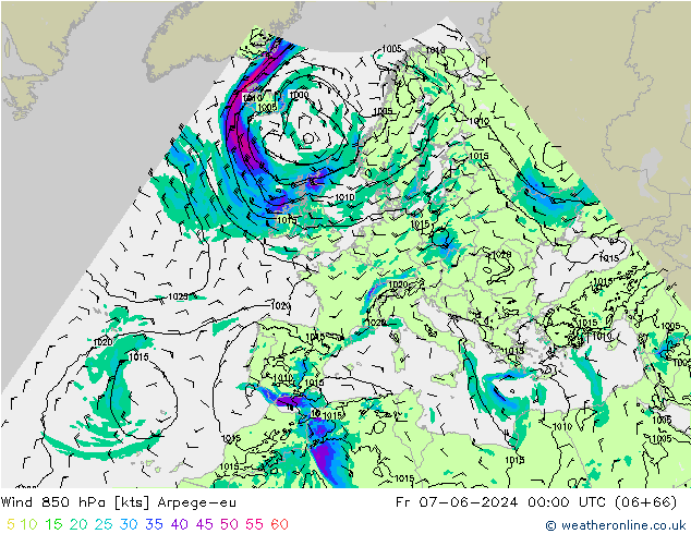 Wind 850 hPa Arpege-eu Fr 07.06.2024 00 UTC