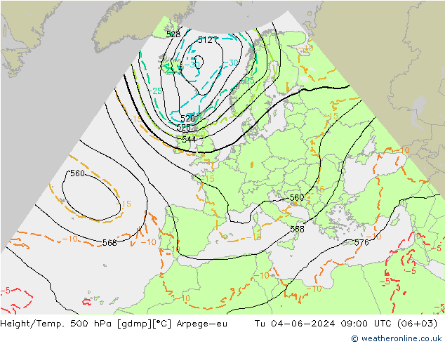 Height/Temp. 500 hPa Arpege-eu Út 04.06.2024 09 UTC