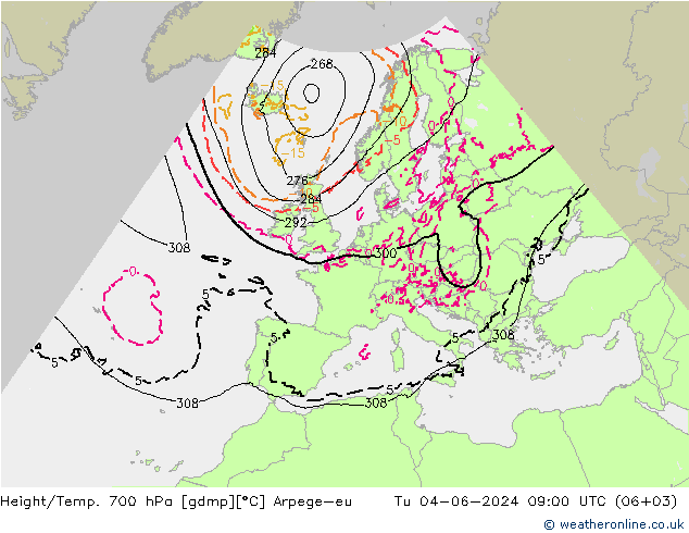 Height/Temp. 700 hPa Arpege-eu 星期二 04.06.2024 09 UTC