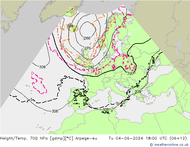 Height/Temp. 700 hPa Arpege-eu  04.06.2024 18 UTC