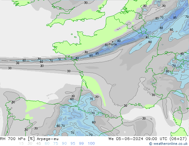 RH 700 hPa Arpege-eu śro. 05.06.2024 09 UTC