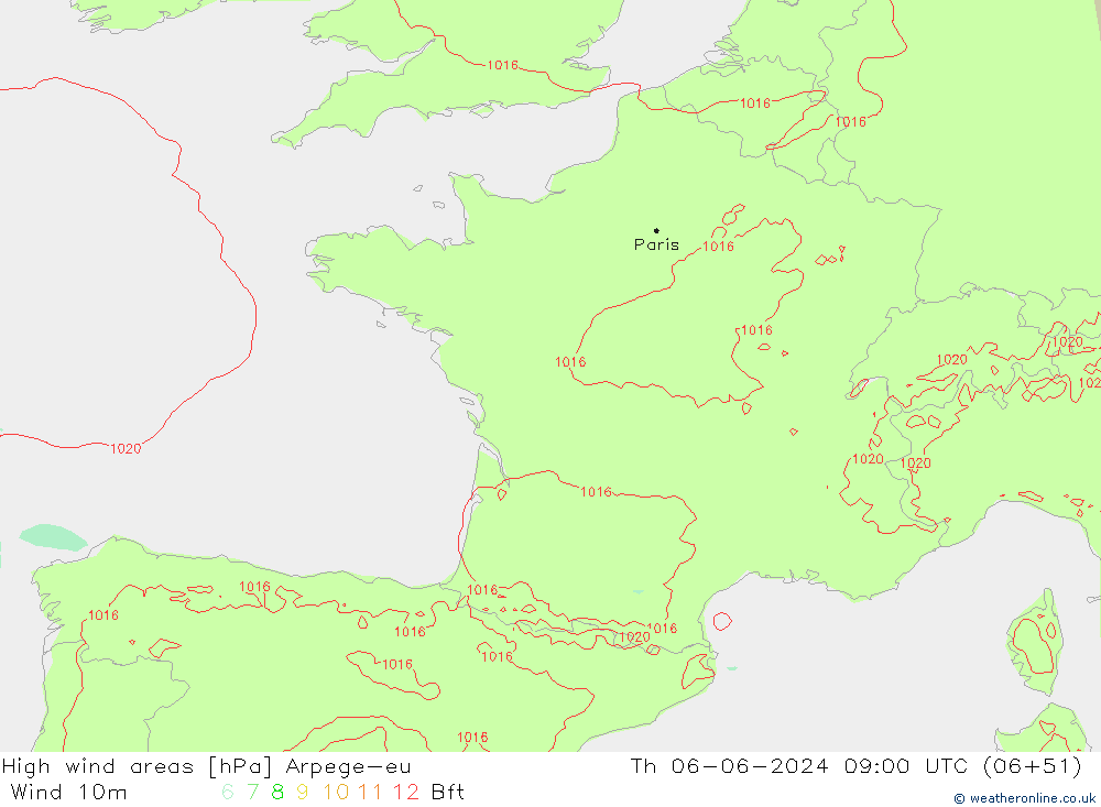 High wind areas Arpege-eu Th 06.06.2024 09 UTC