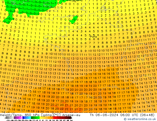 Height/Temp. 850 hPa Arpege-eu Do 06.06.2024 06 UTC