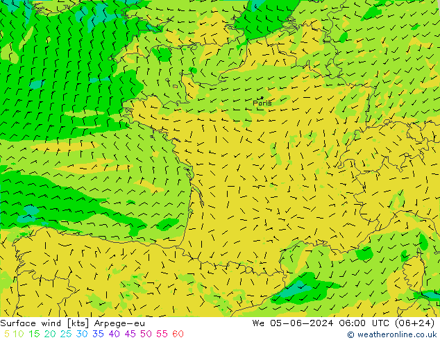 Vent 10 m Arpege-eu mer 05.06.2024 06 UTC