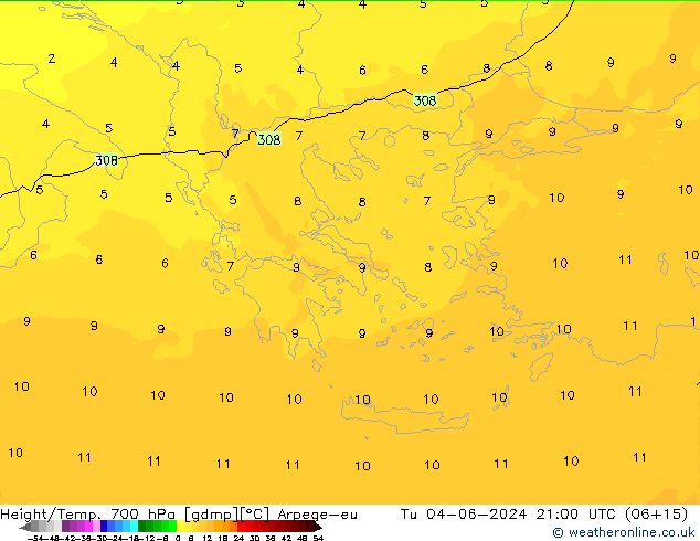 Height/Temp. 700 hPa Arpege-eu  04.06.2024 21 UTC